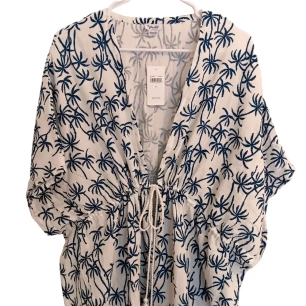 Splendid Tropic Veil Coverup Cream/Dark Teal Cotton Gauze Palms Print Tassel Tie